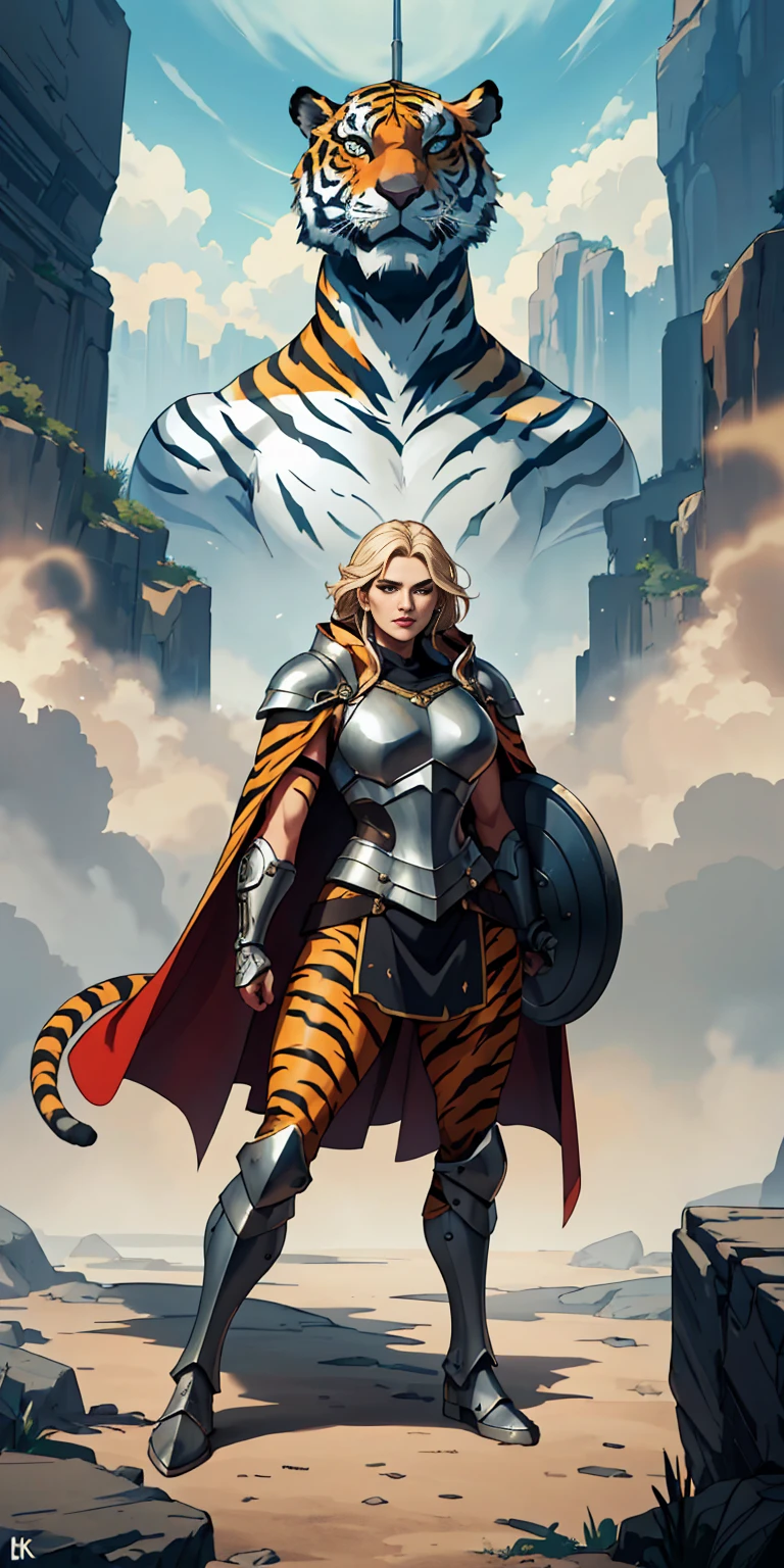 1 Girl (implying one person, likely female)
Full Body: Standing with perfect symmetry
Muscular Build: Strong and defined physique
Turned Arms: Muscular arms positioned behind her back
Theme:
Epic Fantasy: Set in a fantastical world
Asgard: Inspired by Norse mythology (can be subtle or more prominent)
Valkyrie/Lady Knight: Combining elements of a fierce warrior and noble protector
A motif incorporated into her armor, clothing, or environment (tiger stripes, or a tiger pelt cloak)
Visual Style:
Hyper Realistic: Incredibly lifelike detail
Masterpiece: Exceptional quality
8K Resolution: Sharp and high definition
Detailed Drawing: Intricate and richly textured
Superior Quality: The best possible rendering
Epic Composition: Dramatic and visually stunning