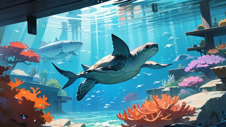 Anime Style, Ultra-fine illustrations, Very detailed, Dynamic Angle, Beautiful details, 8k, In the summer, noon, In the water, Stopping schools of sharks from swimming, Surrounded by colorful corals on the ocean floor. A graceful sea turtle swims among them. Blake, the gentleman swims happily, hour々smile. Blake: Sunlight shines through the water, Light up the scene. BREAK Everyone is enjoying the In the water world.masterpiece,Highest quality,Very detailed,Ultra-fine illustrations,8k,throw