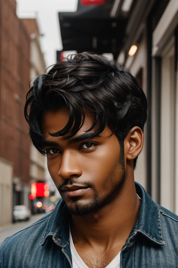 Make a Guy With Brown skin, black hair and eyes red.