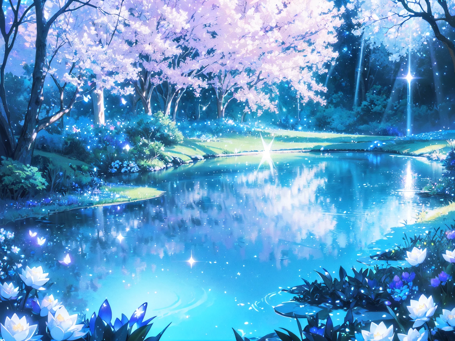Mystical landscape with ((luminous starry blue and white flowers emitting light particles surrounding pond)),softly glowing butterflies, single beautiful vivid purple sakura tree, (((unique view with extremely vivid multicolors without any people))), {extremely detailed 16k CG unity wallpaper}, expansive natural landscape photography, (wide open field view), (low angle shot),complex details, (iridescent colors: 1.6), (dark night lighting), (atmospheric lighting), Dreamy, unique, no people, reflections perfect,(no humans),landscape only, pixiv_fantasia,((starry glittering pond,water filled with shimmering stardust)),dark night