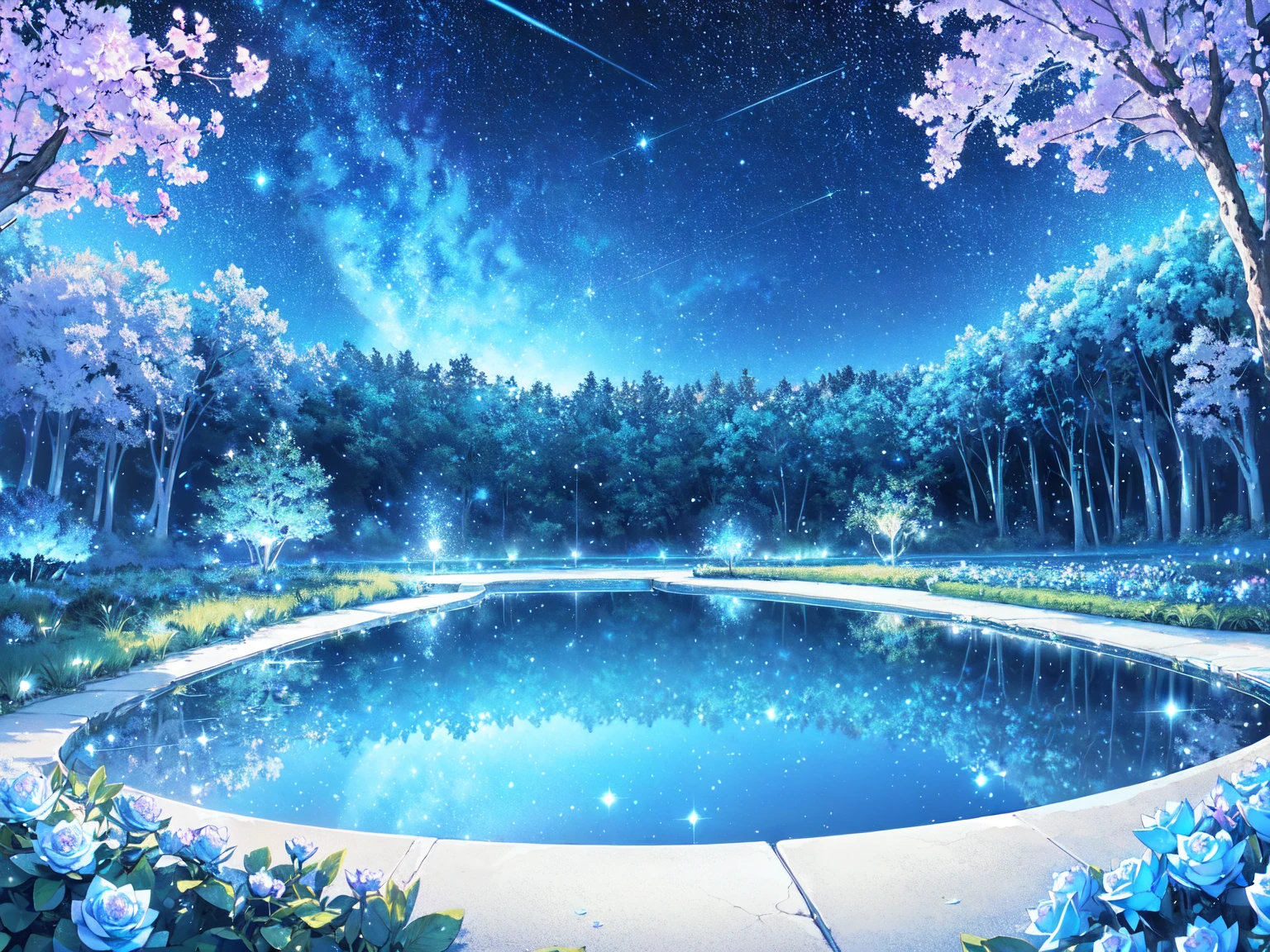 Mystical landscape with ((luminous starry blue and white flowers emitting light particles surrounding pond)),softly glowing butterflies, single beautiful vivid purple sakura tree, (((unique view with extremely vivid multicolors without any people))), {extremely detailed 16k CG unity wallpaper}, expansive natural landscape photography, (wide open field view), (low angle shot),complex details, (iridescent colors: 1.6), (dark night lighting), (atmospheric lighting), Dreamy, unique, no people, reflections perfect,(no humans),landscape only, pixiv_fantasia,((starry glittering pond,water filled with shimmering stardust)),dark night