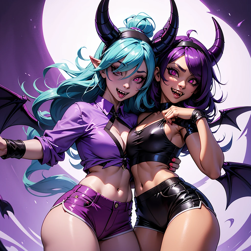 colettetrixie, red skin, sharp teeth, hair over one eye, hairband, demon horns, colored sclera, purple shirt, purple shorts, demon wings, shiranui mai