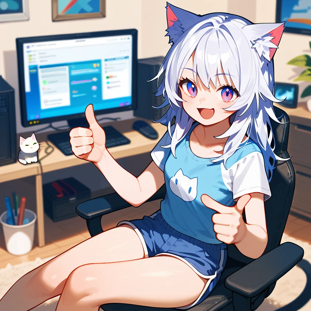 source_anime, score_9, score_8_up, BREAK a 1girl using a computer, cat ears, shirt, shorts, living room, thumbs up, smile open mouth