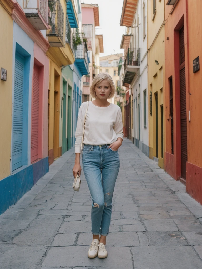 her name is Amelie, high quality, 1girl, ((25-year-old fit Caucasian woman)), ((25 years old)), ((SLIM)), ((short blonde hair)), pose: standing, wearing fashionable Generation-Z modern wear different colored, BACKGROUND: "In the colorful Caminito Street in La Boca, with vibrant murals and tango dancers.