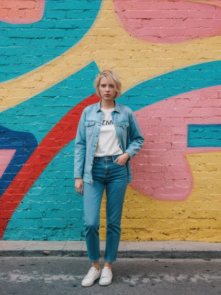 her name is Amelie, high quality, 1girl, ((25-year-old fit Caucasian woman)), ((25 years old)), ((SLIM)), ((short blonde hair)), pose: standing, wearing fashionable Generation-Z modern wear different colored, BACKGROUND: "In the colorful Caminito Street in La Boca, with vibrant murals and tango dancers.