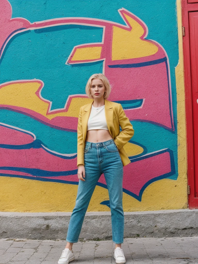 her name is Amelie, high quality, 1girl, ((25-year-old fit Caucasian woman)), ((25 years old)), ((SLIM)), ((short blonde hair)), pose: standing, wearing fashionable Generation-Z modern wear different colored, BACKGROUND: "In the colorful Caminito Street in La Boca, with vibrant murals and tango dancers.
