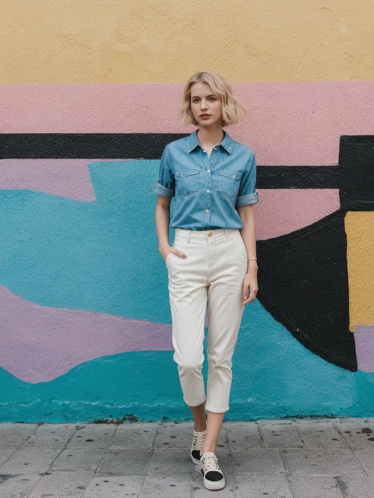 her name is Amelie, high quality, 1girl, ((25-year-old fit Caucasian woman)), ((25 years old)), ((SLIM)), ((short blonde hair)), pose: standing, wearing fashionable Generation-Z modern wear different colored, BACKGROUND: "In the colorful Caminito Street in La Boca, with vibrant murals and tango dancers.