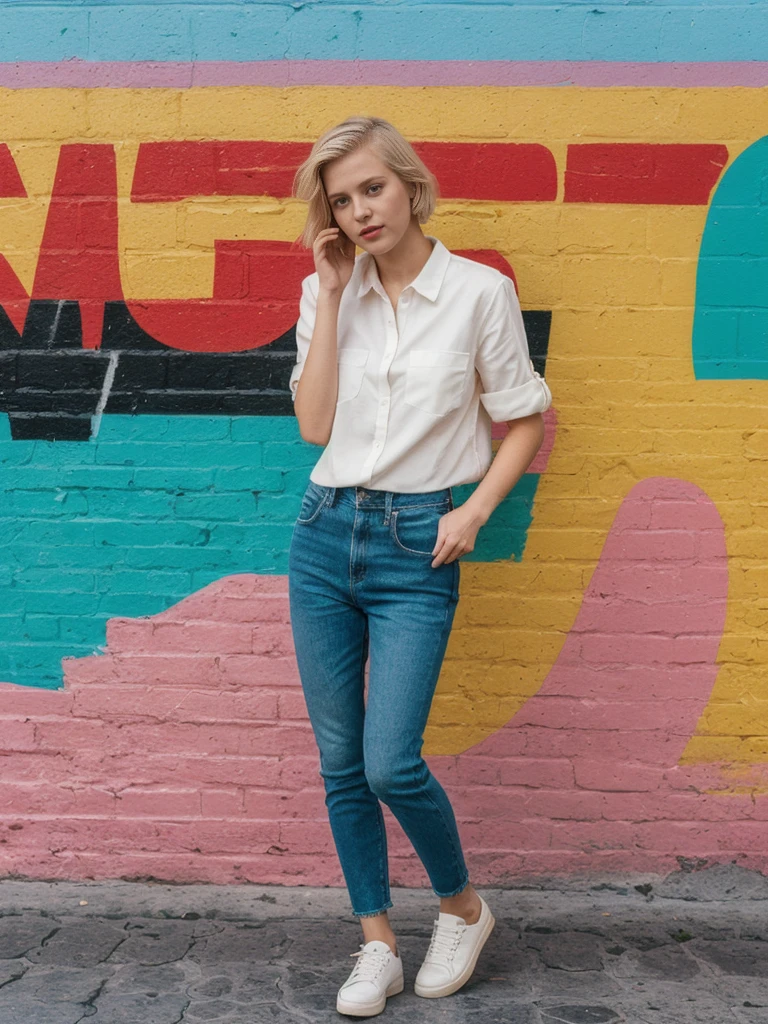 her name is Amelie, high quality, 1girl, ((25-year-old fit Caucasian woman)), ((25 years old)), ((SLIM)), ((short blonde hair)), pose: standing, wearing fashionable Generation-Z modern wear different colored, BACKGROUND: "In the colorful Caminito Street in La Boca, with vibrant murals and tango dancers.