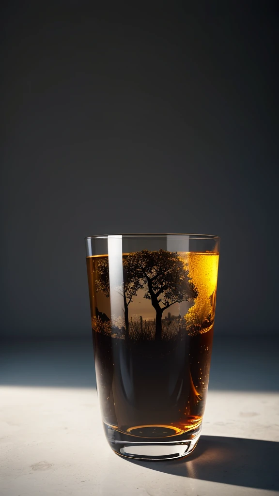 black color tree in a whisky glass, fluffy, Realistic, Refraction of atmospheric light, photograph:Lee Jeffries, Nikon d850 film stock photos 4 kodak portra 400 camera f1.6 Lenses, Rich colors, ultra Realistic Realistic textures, Dramatic lighting, Unreal Engine Trending on Artstation cinestill 800, Style-Glass
