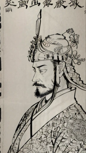 （（Ink painting））、（（（Monochrome）））、（（Men in ancient China））、（ancient chinese helmet）、Beard、Highest quality、masterpiece、Ultra-high resolution、(Realistic:1.4)、Game Poster、Three Kingdoman with a beard,Oriental、Three Kingdoms演義に見られるように々military commander、Crisp and beautiful image quality、whole body ,(Metal Armor, metal dragon head on the shoulder, Holding a sword, (Metal Armor with intricate pattern:1.2), gloves, Long trousers, (Very detailed, bloom:1.5), (Highest quality, Concept Art, 4K), (analog:1.2), (high sharpness), (Detailed pupil:1.1), , Detailed face and eyes, masterpiece, Highest quality, (Very detailed写真:1.1), 8k, photoRealistic, (PurerosFace_v1:0.2), [:(Detailed face:1.2):0.2], sharp, Realistic Shadow, 