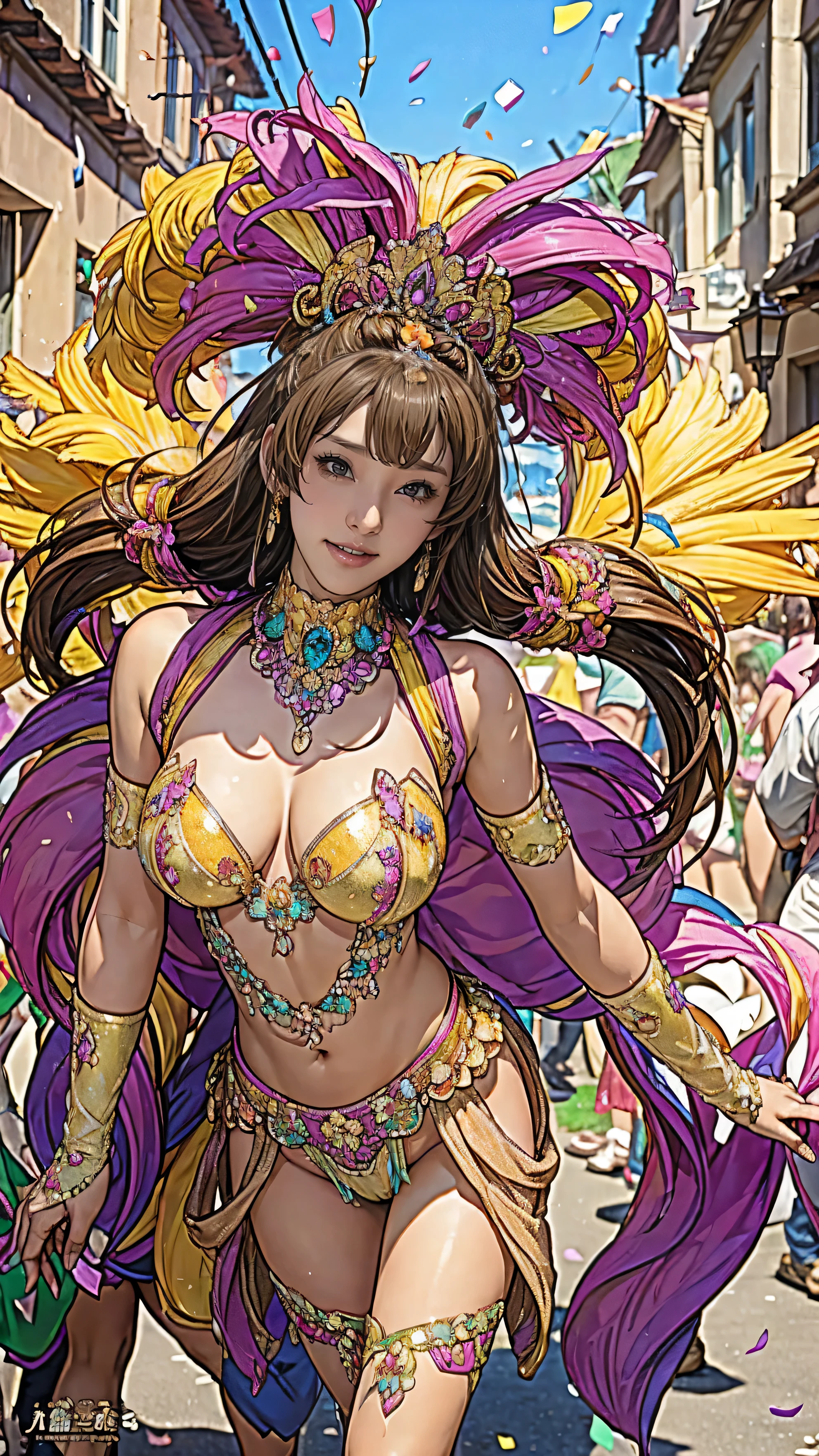 Highest quality, Official Art, masterpiece, Fabric Shading, High resolution, Very detailed, colorful, Best details, Fantasy, High leg samba micro costume:1.5, Yuki Mori:1.5, 1 female, Age 25, Brown Hair, short hair, Twin tails,Naturally flowing bangs, Puffy nipples, {{{{{Dancing vigorously in the parade:1.9}}}}}, A castle town with an old castle view, sunny, Large Breasts, skinny, Surrounded by a bunch of male photographers:1.9, Confetti falling, Blessed, welcome:1.5, Camel Toe:1.7, Ground level shot,