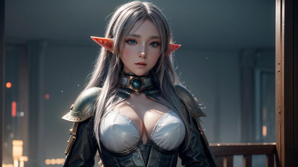 Female Elf，Close-up, Hollow future armor, 2. 5D CGI anime fantasy artwork, Large Breasts，Epic fantasy digital art style, detailed Digital 2D fantasy art, Digital 2D fantasy art, original photo, (best quality:1.3), high resolution, (masterpiece), (lifelike:1.4), Professional photography, Clear focus, High Dynamic Range, 8k resolution, Intricate details, Fine details, Depth of Field, Extremely detailed CG unified 8k wallpaper, masterpiece，poster，best quality，Official Art，（Beauty and aesthetics：1.2），（masterpiece：1.3），Female Elf，individual，complex pattern，snow，Cyberpunk style future city，Medium distance photography，（midnight），dramatic，Cyberpunk style clothes