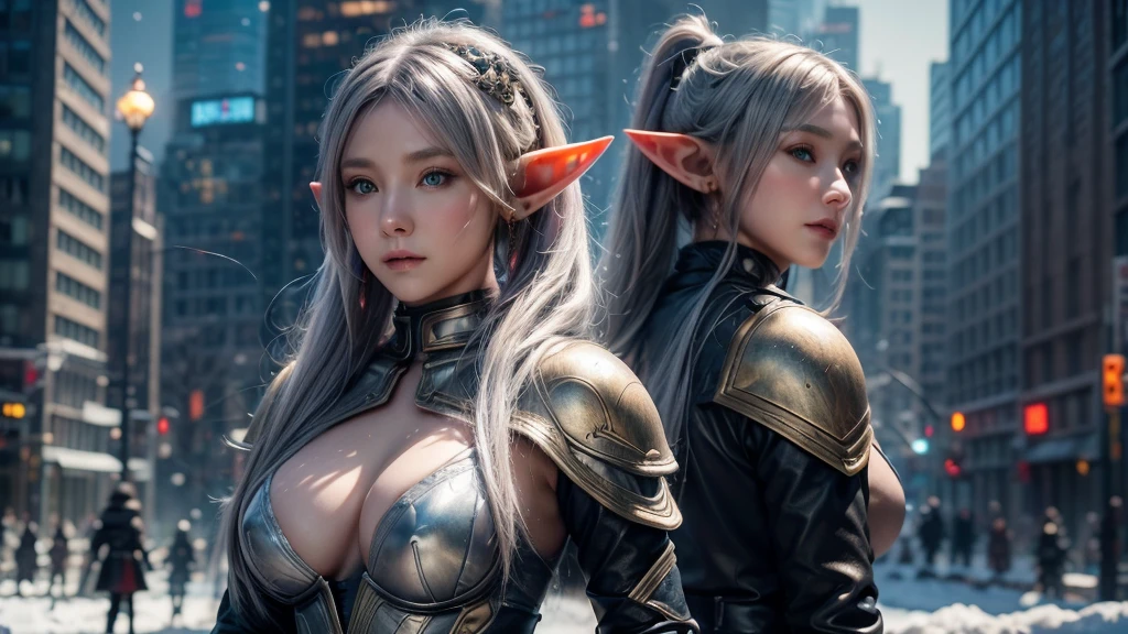 Female Elf,Close-up, Hollow future armor, 2. 5D CGI anime fantasy artwork, Large Breasts,Epic fantasy digital art style, detailed Digital 2D fantasy art, Digital 2D fantasy art, original photo, (best quality:1.3), high resolution, (masterpiece), (lifelike:1.4), Professional photography, Clear focus, High Dynamic Range, 8k resolution, Intricate details, Fine details, Depth of Field, Extremely detailed CG unified 8k wallpaper, masterpiece,poster,best quality,Official Art,(Beauty and aesthetics:1.2),(masterpiece:1.3),Female Elf,individual,complex pattern,snow,Cyberpunk style future city,Medium distance photography,(midnight),dramatic,Cyberpunk style clothes
