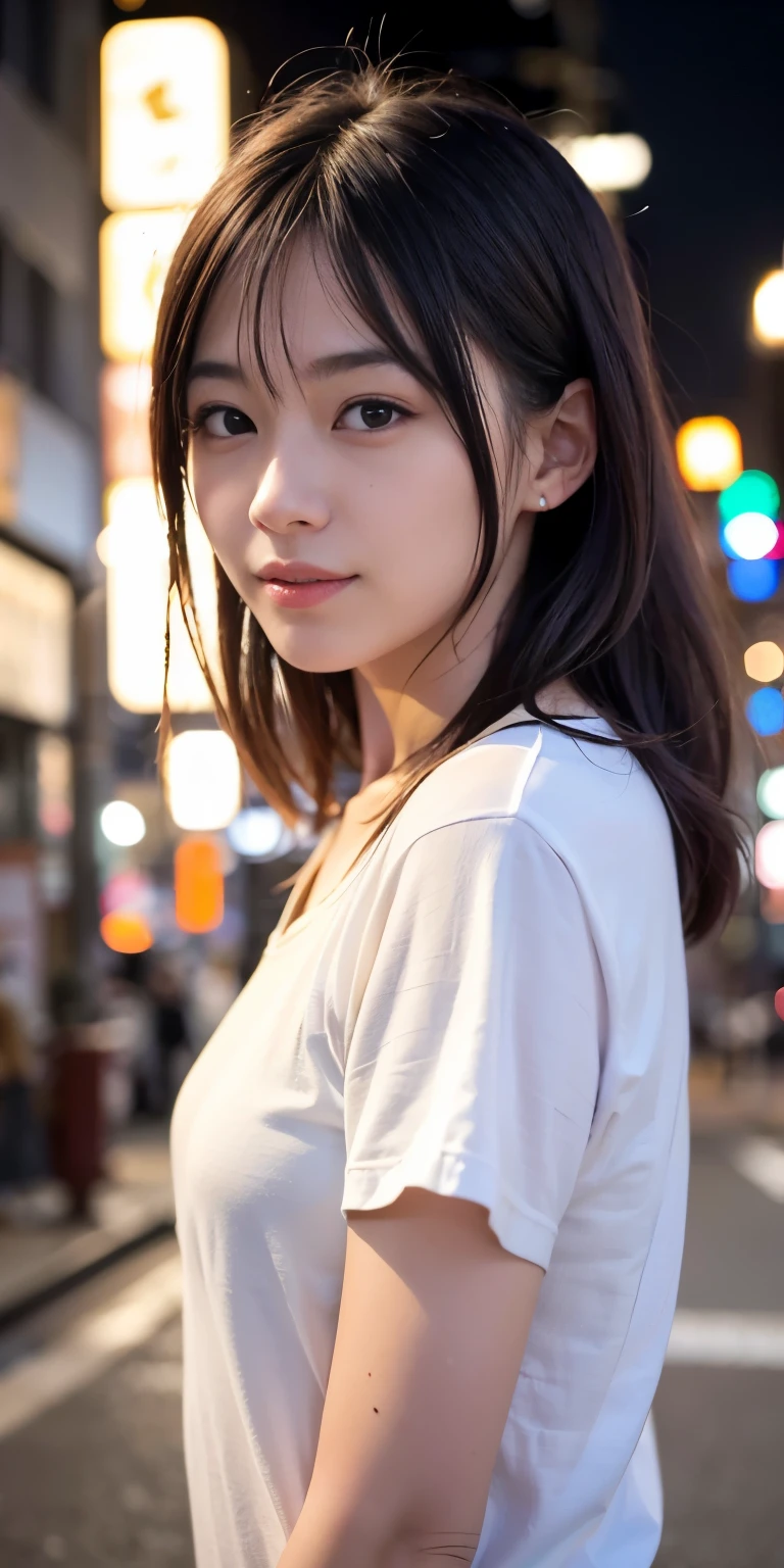 1 girl, Tokyo Street,night, Streetscape,City lights,Upper Body,close,smile,, (8k, RAW Photos, Highest quality, masterpiece:1.2),(Realistic, photo-Realistic:1.37),