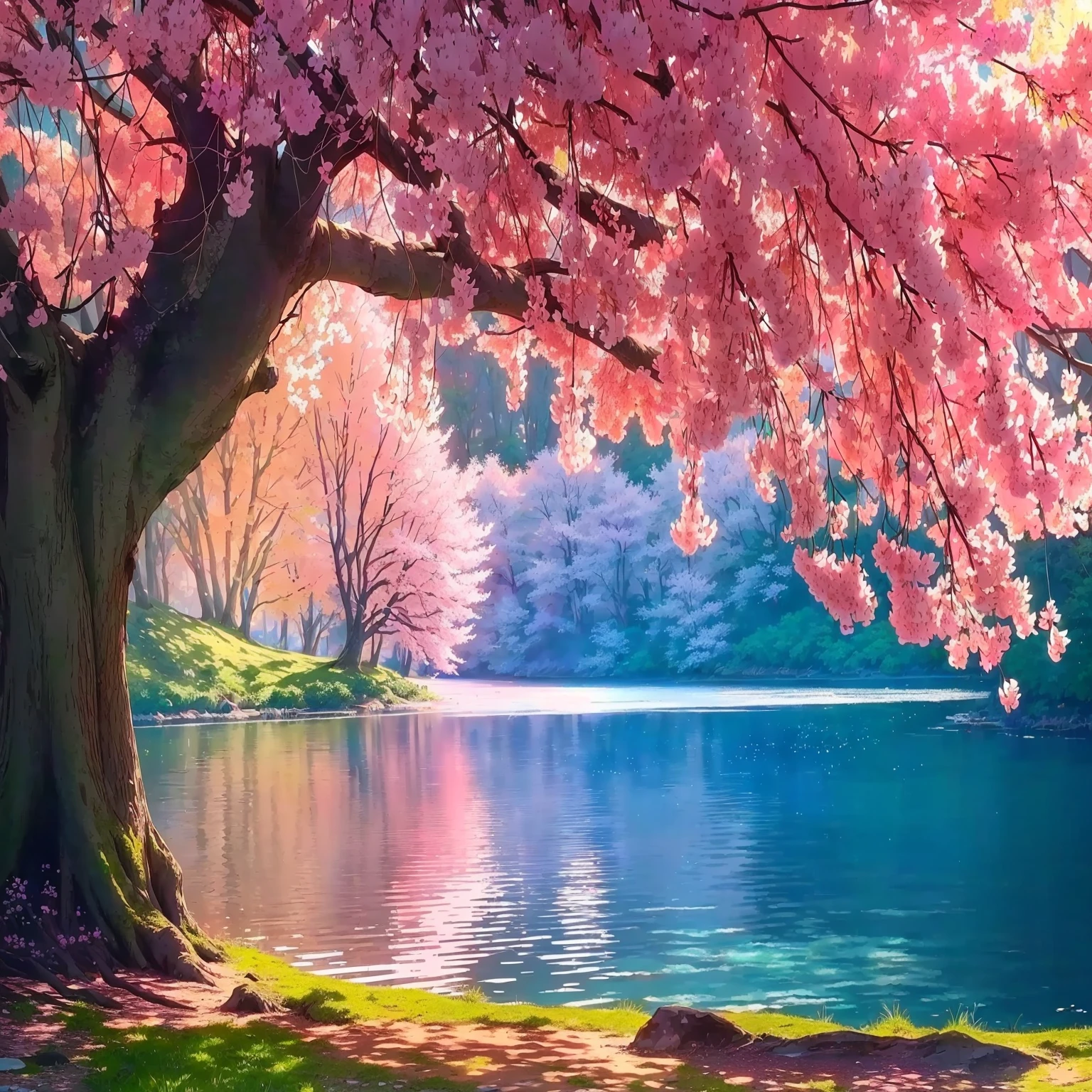 there is a painting of a tree with pink flowers by the water, pink tree beside a large lake, beatiful backgrounds, anime beautiful peace scene, cherry blossom forest, really beautiful nature, beautiful art uhd 4 k, beautiful nature, anime nature wallpap, beautiful background, nature scenery, anime nature, nature wallpaper, beautiful lake background, very beautiful photo, beautiful wallpaper