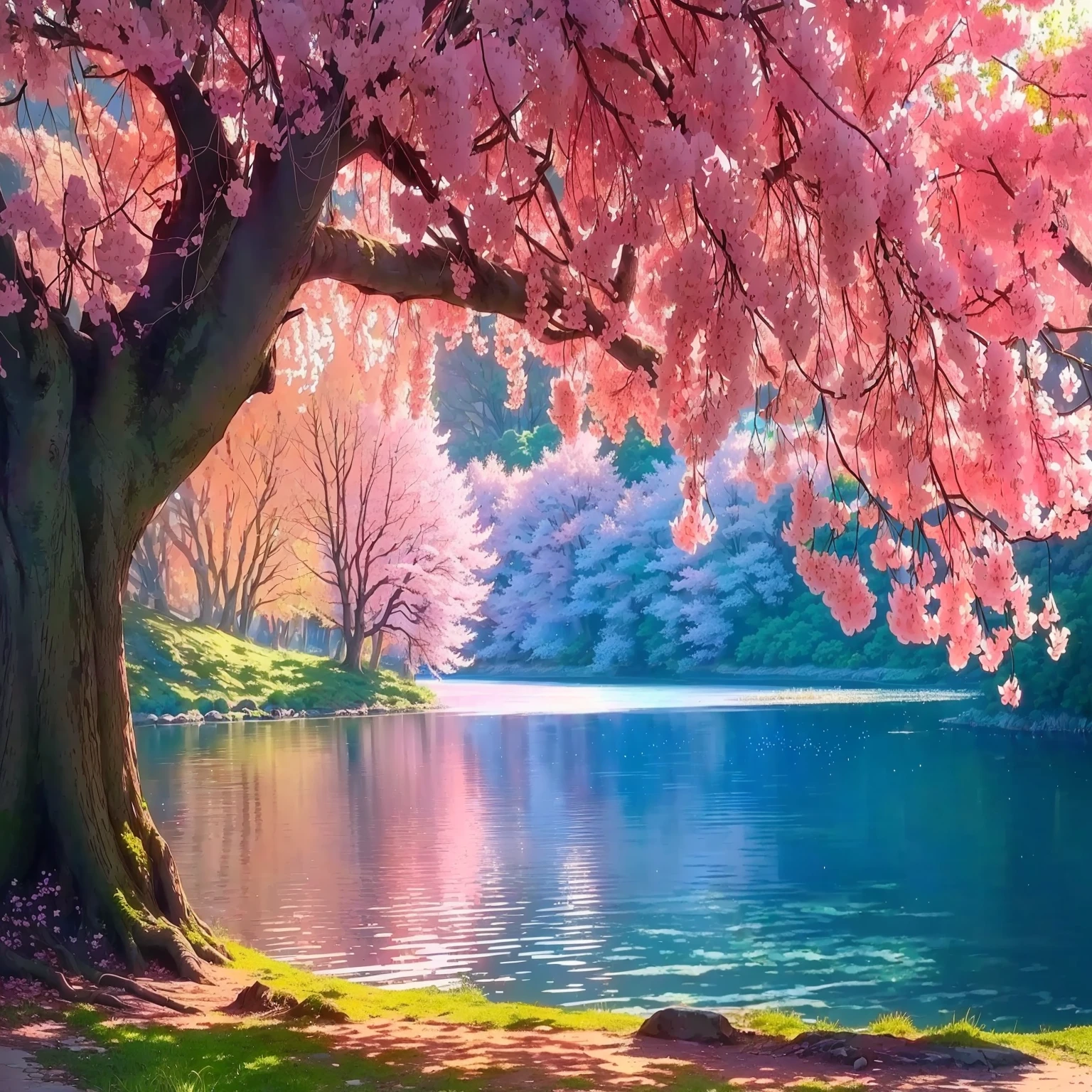 there is a painting of a tree with pink flowers by the water, pink tree beside a large lake, beatiful backgrounds, anime beautiful peace scene, cherry blossom forest, really beautiful nature, beautiful art uhd 4 k, beautiful nature, anime nature wallpap, beautiful background, nature scenery, anime nature, nature wallpaper, beautiful lake background, very beautiful photo, beautiful wallpaper