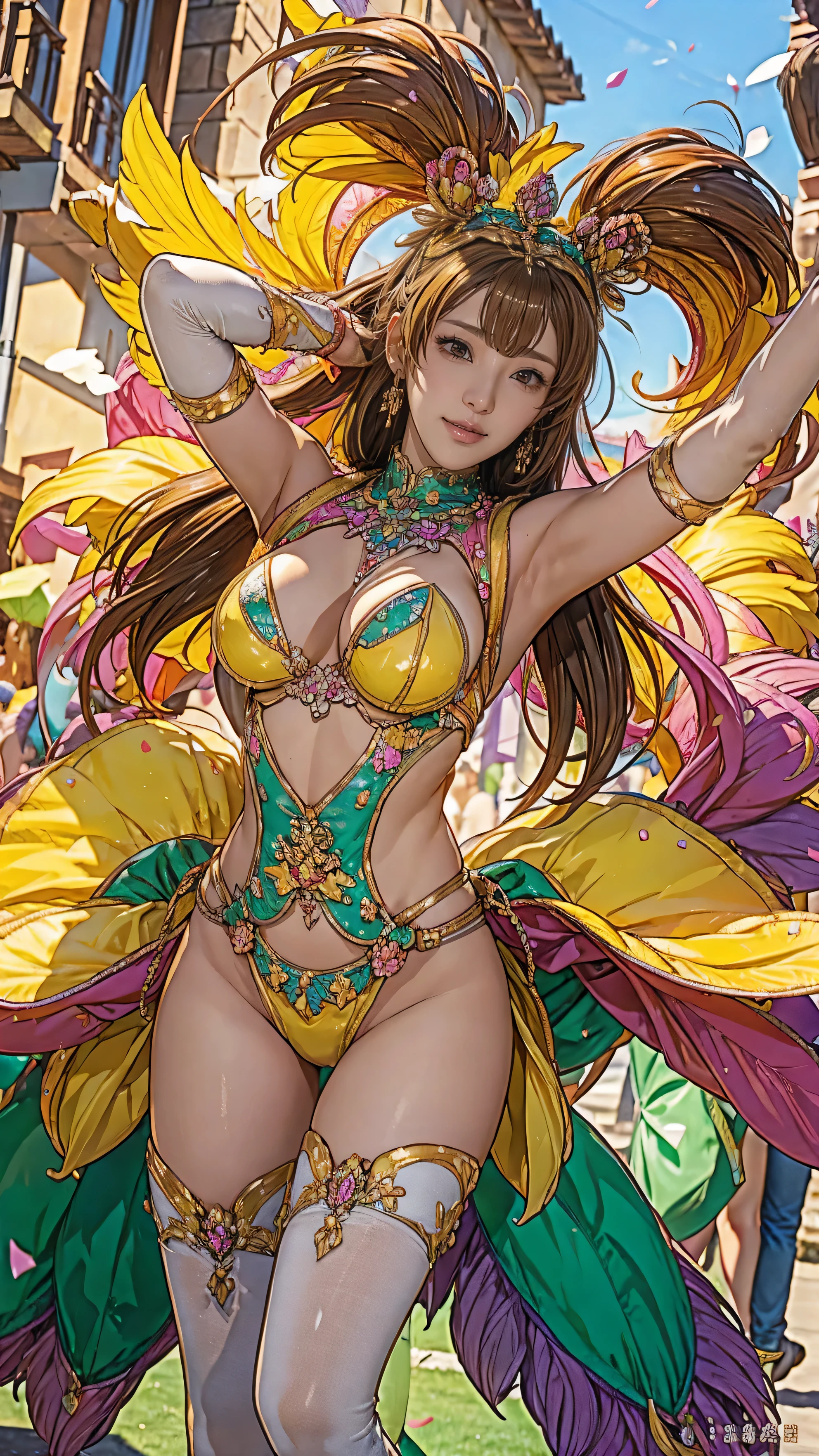 Highest quality, Official Art, masterpiece, Fabric Shading, High resolution, Very detailed, colorful, Best details, Fantasy, High leg samba micro costume:1.5, Yuki Mori:1.5, 1 female, Age 25, Brown Hair, short hair, Twin tails,Naturally flowing bangs, Puffy nipples, {{{{{Dancing vigorously in the parade:1.9}}}}}, A castle town with an old castle view, sunny, Large Breasts, skinny, Surrounded by a bunch of male photographers:1.9, Confetti falling, Blessed, welcome:1.5, Camel Toe:1.7, Ground level shot,