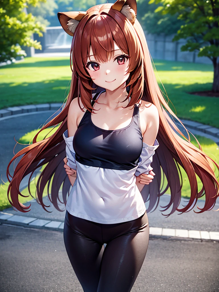 masterpiece、ultra precision、anime illustration style、solo、Raphtalia、smile、1 girl、Raccoon ears、 During the walk、A cute girl no matter who you look at、8Kimage、red and white clothing、absolute reference to center、put your arms behind your back、looking at the viewer、Front view、absolute reference to center, leggings, black leggings