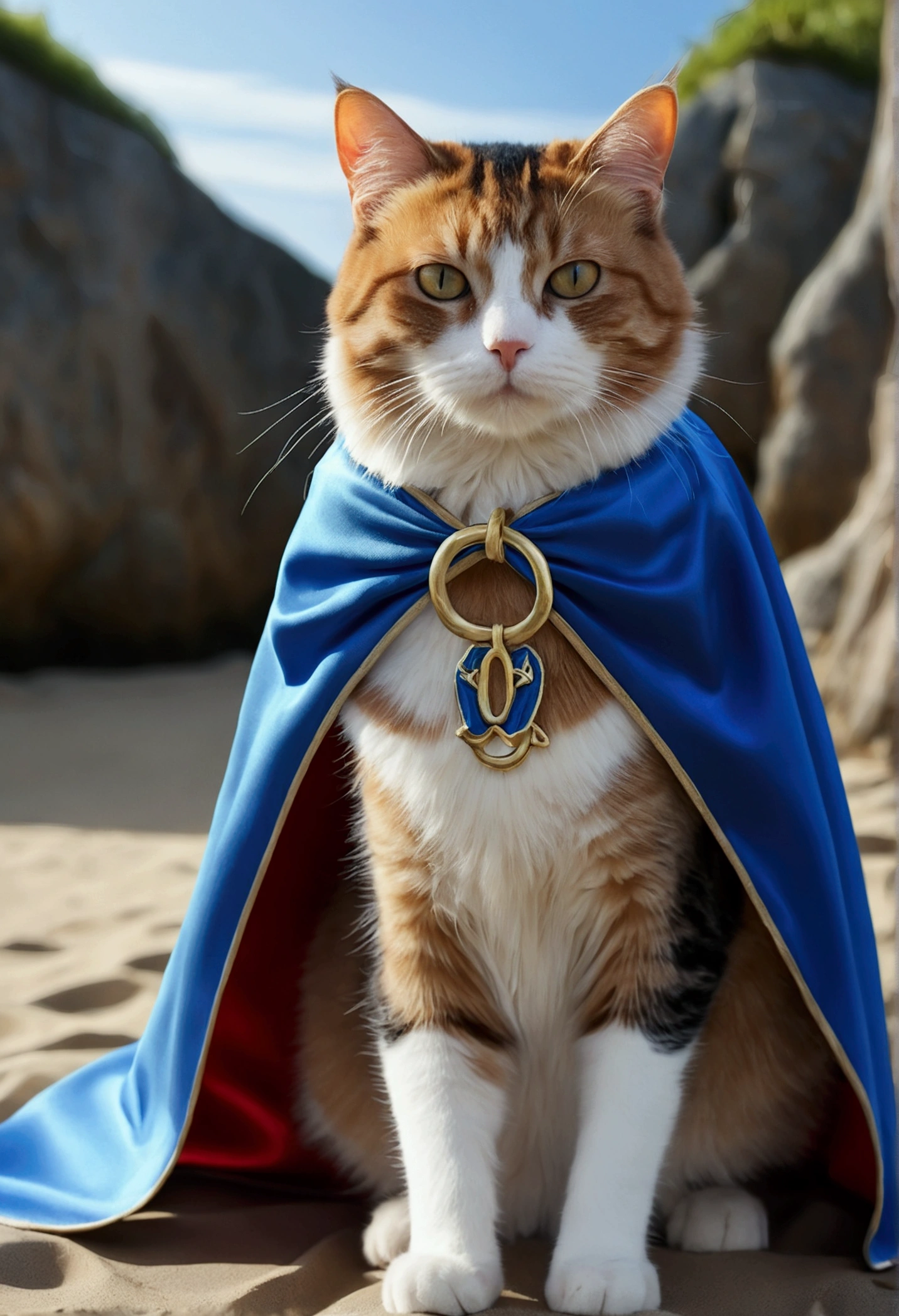 (written "O C K S Y I" on the cape) (best quality,4K,8k,A high resolution written "O C K S Y I" on the cape),ultra detail, fantasy background, (Realistic,photorrealistic,photo-realistic:1.37), cat, wearing cape, written "O C K S Y I" in the cape, (O C K S Y I on the cape)
