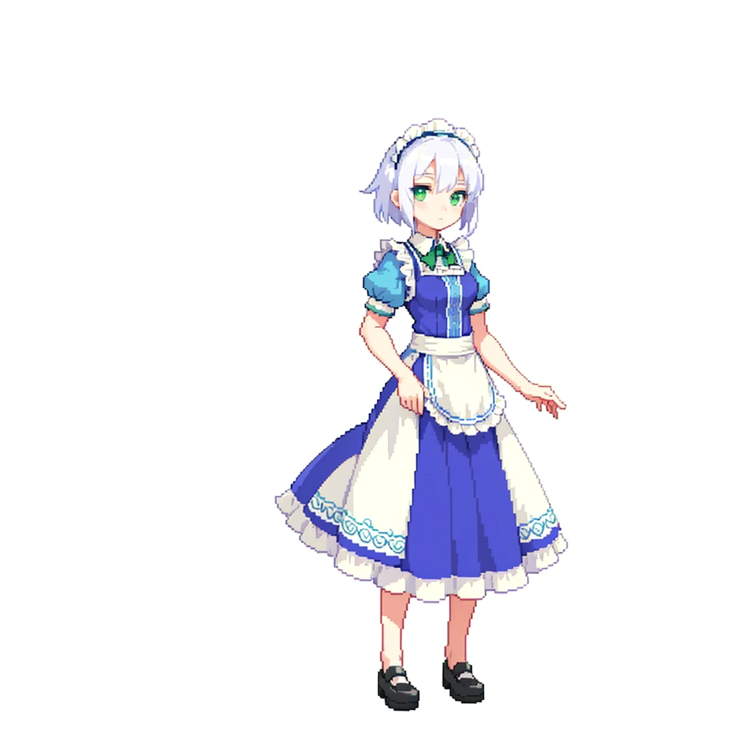 (masterpiece, top quality, best quality), pixel, pixel art, 1girl, full body, white hair, green eyes, blue maid dress