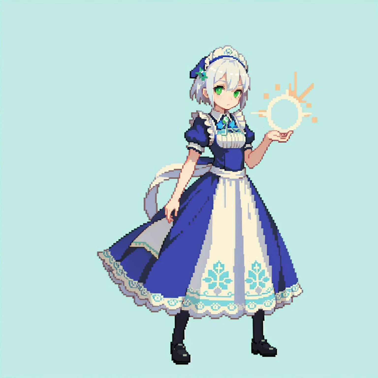 (masterpiece, top quality, best quality), pixel, pixel art, 1girl, full body, white hair, green eyes, blue maid dress