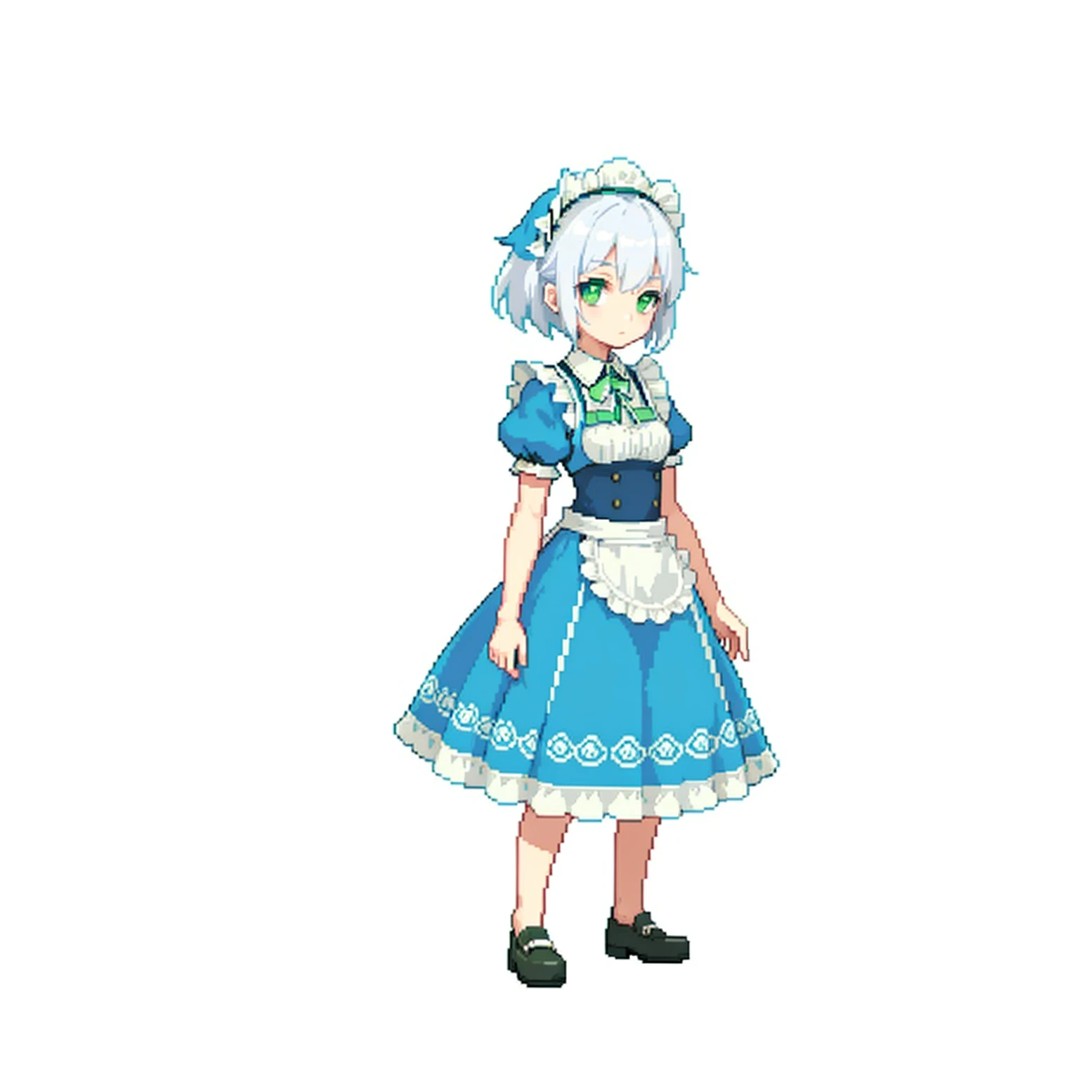 (masterpiece, top quality, best quality), pixel, pixel art, 1girl, full body, white hair, green eyes, blue maid dress