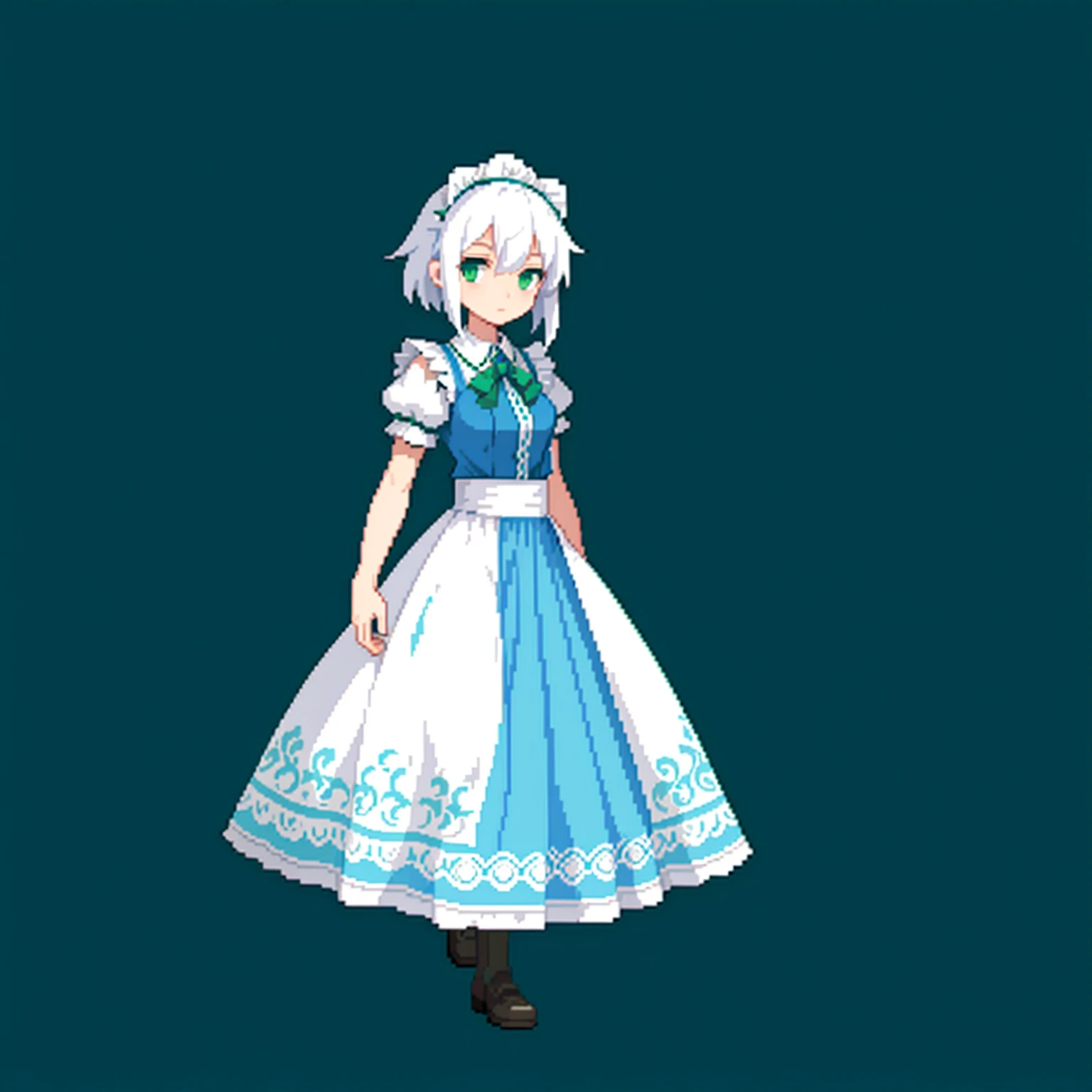 (masterpiece, top quality, best quality), pixel, pixel art, 1girl, full body, white hair, green eyes, blue maid dress