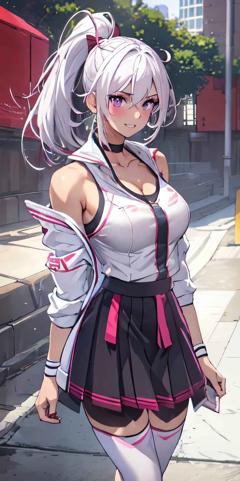 realistic, 1girl, ponytail, parted lips, blush, makeup, light smile, white hair, sportswear, skirt, wet clothes, glow, thighs, purple eye, bare shoulders, collarbone, narrow waist, sunbeam, sunlight, rose, wind, cleavage, (masterpiece), sweat, (best quality:1.2),solo,1girl,mdrin,smile,looking at viewer,crossed arms,ponytail,v-shaped eyebrows,white jacket,red shirt,fingerless gloves,black skirt,choker