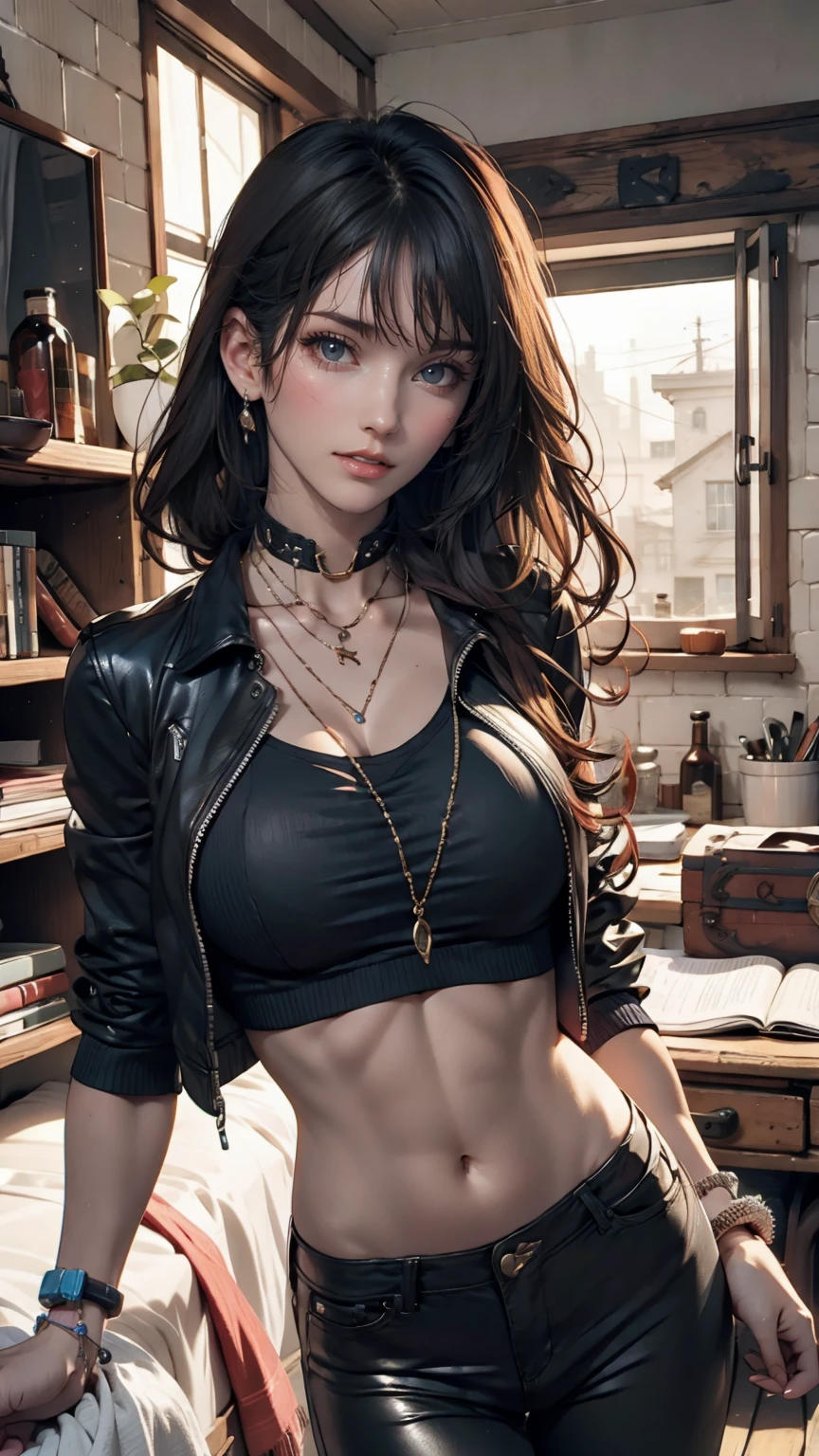 mouth, One girl, alone, In a messy room, guitar, 、Girl wearing a spiked collar、24 year old Caucasian female、Sexy proportions、Punk rock fashion、Black Shirt、Leather jacket、Leather leggings、Flashy makeup、long hair、rosary necklace、rosary earrings、Put a spiked bracelet on your wrist