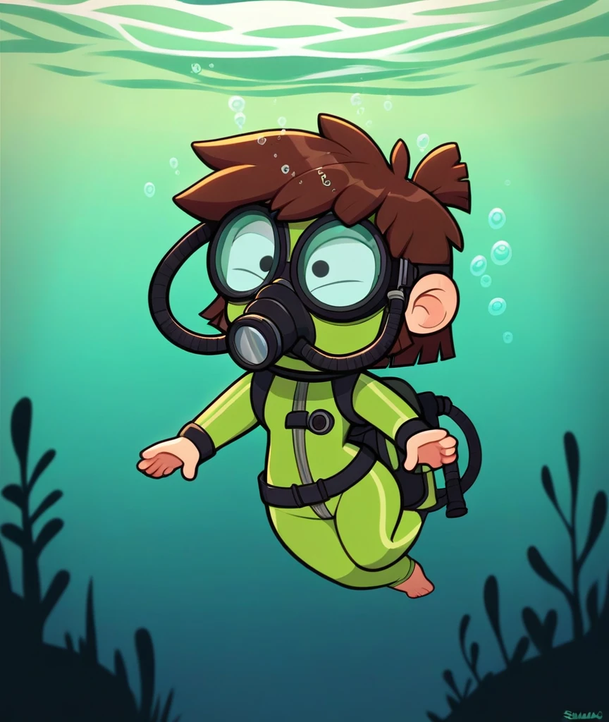 lisaloud, 1girl, solo, green tight wetsuit, Yellow Fins, green tight scuba hood, black oval scuba mask, underwater, scuba diving, oxygen tank, looking a fish, diving, big butt, big hips, drowning, brown hair, chibi, score_9, score_8_up, score_7_up, 