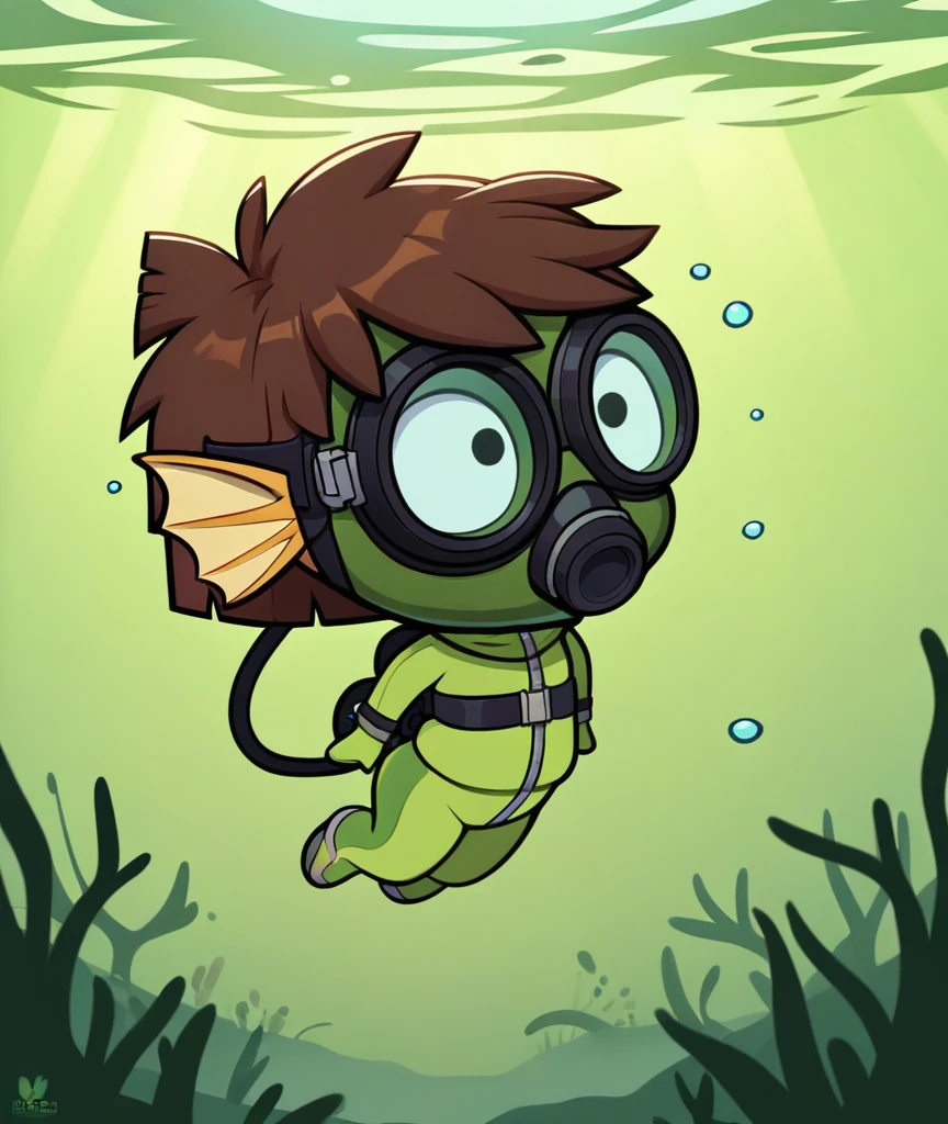 lisaloud, 1girl, solo, green tight wetsuit, Yellow Fins, green tight scuba hood, black oval scuba mask, underwater, scuba diving, oxygen tank, looking a fish, diving, big butt, big hips, drowning, brown hair, chibi, score_9, score_8_up, score_7_up, 