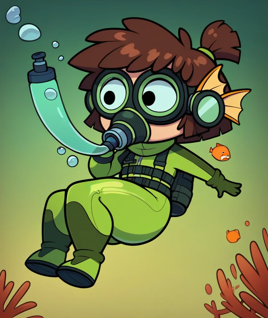 lisaloud, 1girl, solo, green tight wetsuit, Yellow Fins, green tight scuba hood, black oval scuba mask, underwater, scuba diving, oxygen tank, looking a fish, diving, big butt, big hips, drowning, brown hair, chibi, score_9, score_8_up, score_7_up, 