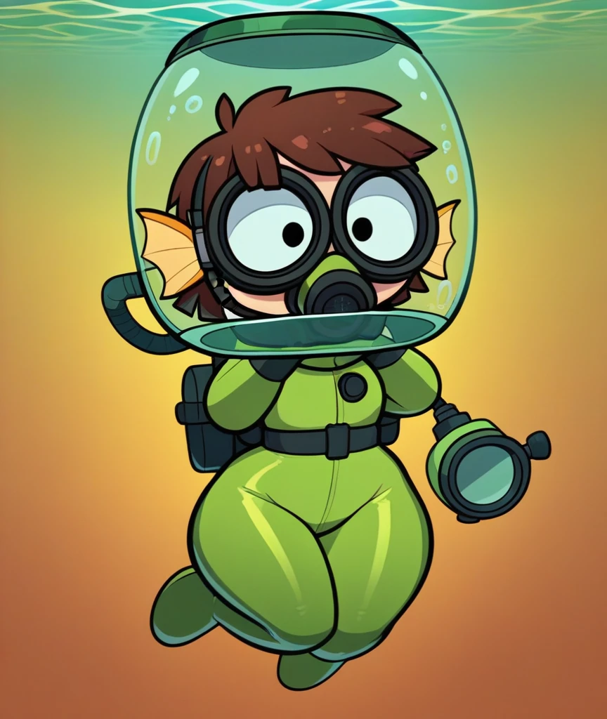 lisaloud, 1girl, solo, green tight wetsuit, Yellow Fins, green tight scuba hood, black oval scuba mask, underwater, scuba diving, oxygen tank, looking a fish, diving, big butt, big hips, drowning, brown hair, chibi, score_9, score_8_up, score_7_up, 