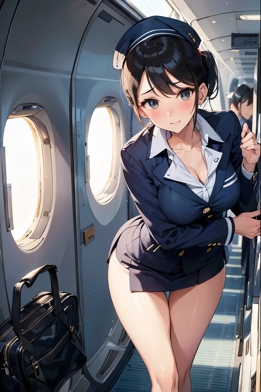 flight attendant、Stewardess Uniform、Beauty、Run、Inside the plane、Adorable expression、Stick your butt out、Bend、Sexy、Large breasts、Earrings、ponytail、Stewardess Hat、Serious expression、Put your hands down、Blushing