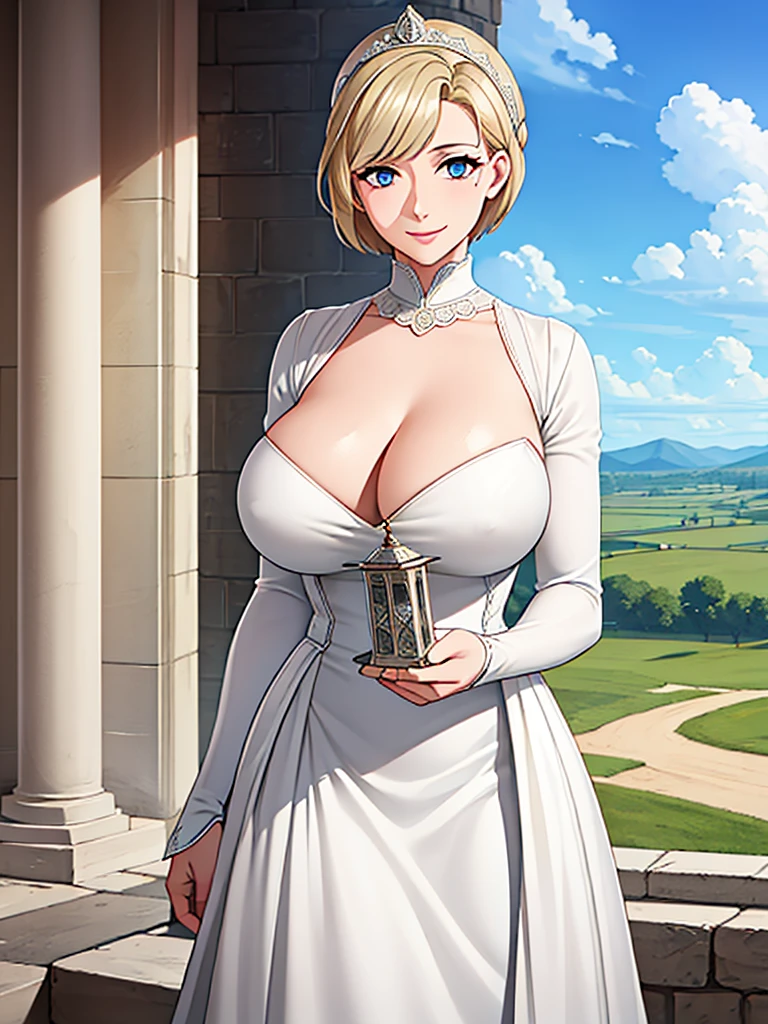 A woman wearing a white dress with silver details on the dress, short blonde hair, blue eyes, in a tower of a sophisticated medieval castle, open tower overlooking a large open field and a sea in the distance, smiling, big breasts,, HDR , ultra resolution, very detailed, masterpiece, HD 8K, (solo, just one girl)