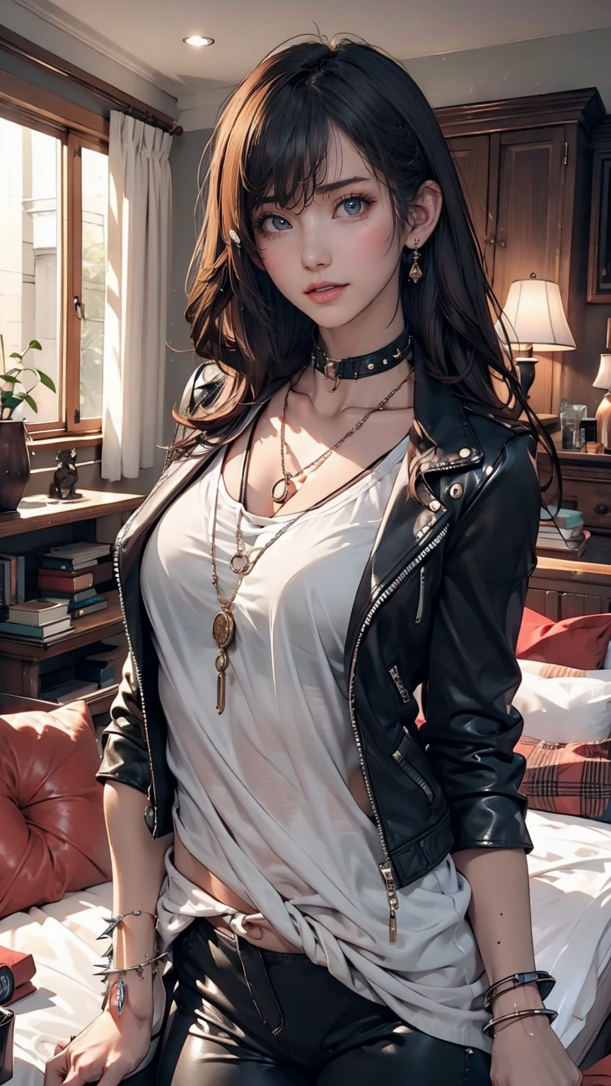 mouth, One girl, alone, In a messy room, guitar, 、Girl wearing a spiked collar、24 year old Caucasian female、Sexy proportions、Punk rock fashion、Black Shirt、Leather jacket、Leather leggings、Flashy makeup、long hair、rosary necklace、rosary earrings、Put a spiked bracelet on your wrist