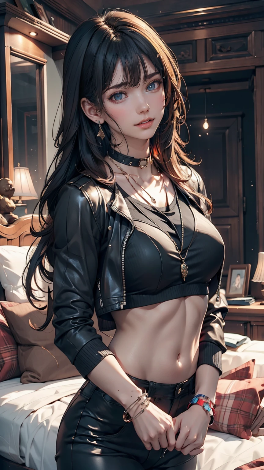 mouth, One girl, alone, In a messy room, guitar, 、Girl wearing a spiked collar、24 year old Caucasian female、Sexy proportions、Punk rock fashion、Black Shirt、Leather jacket、Leather leggings、Flashy makeup、long hair、rosary necklace、rosary earrings、Put a spiked bracelet on your wrist