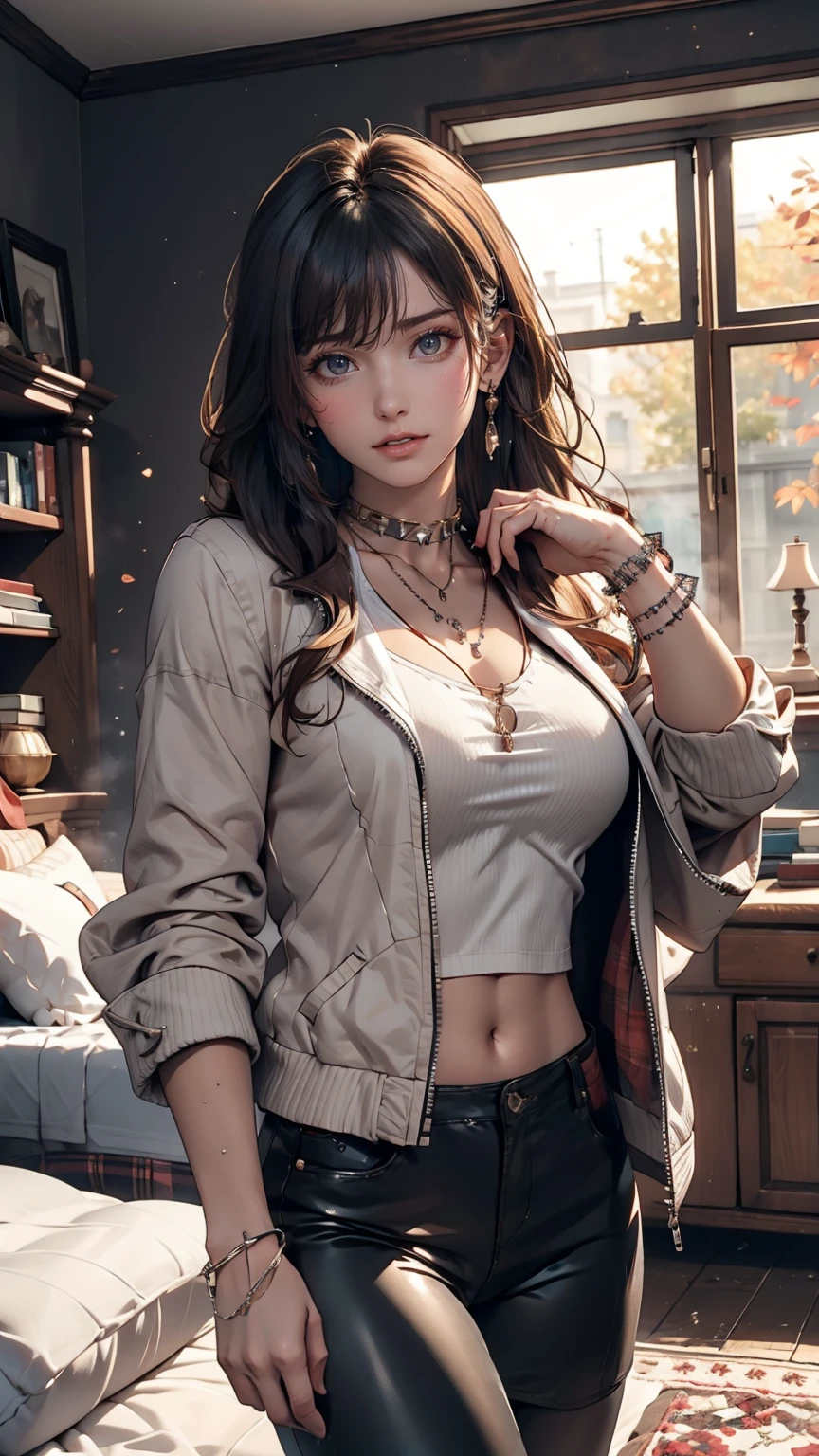 Mouth, A girl, Solitary, In a messy room, Guitar, 、Spiked collar、24 years old white female、Sexy proportions、Punk rock fashion、Black shirt、leather jacket、Leather shin guards、Gorgeous makeup、Long hair、Rosary Necklace、Rosary Earrings、Wear the spiked bracelet on your wrist