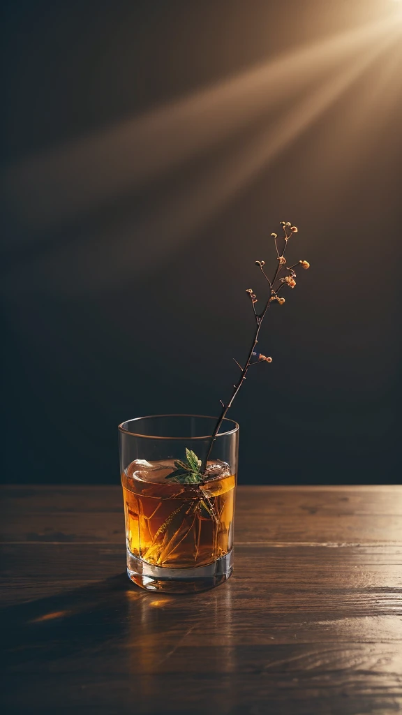 black color tree in a whisky glass, fluffy, Realistic, Refraction of atmospheric light, photograph:Lee Jeffries, Nikon d850 film stock photos 4 kodak portra 400 camera f1.6 Lenses, Rich colors, ultra Realistic Realistic textures, Dramatic lighting, Unreal Engine Trending on Artstation cinestill 800, Style-Glass