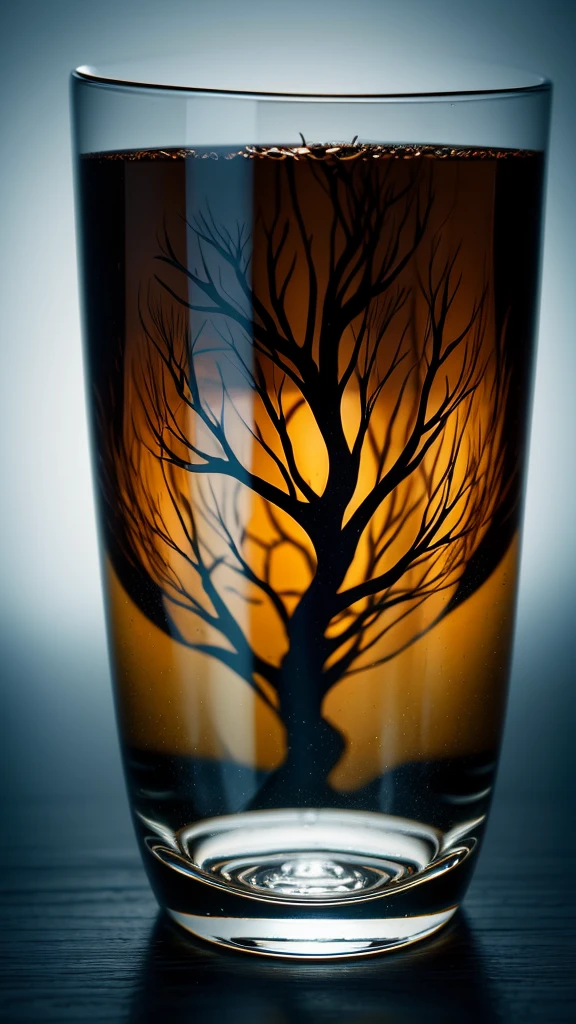 black color tree in a whisky glass, fluffy, Realistic, Refraction of atmospheric light, photograph:Lee Jeffries, Nikon d850 film stock photos 4 kodak portra 400 camera f1.6 Lenses, Rich colors, ultra Realistic Realistic textures, Dramatic lighting, Unreal Engine Trending on Artstation cinestill 800, Style-Glass