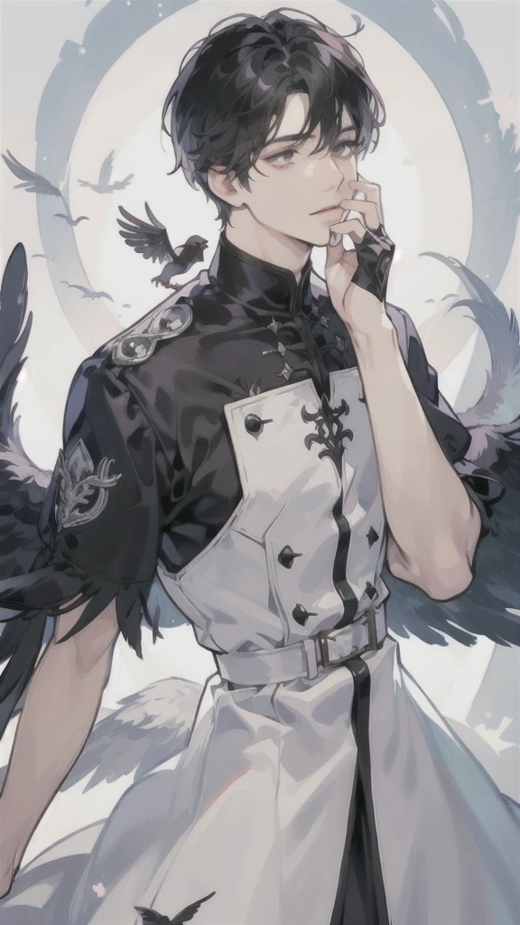 man, side face, wings white behind him, angel, hand on his face, villan, crows

