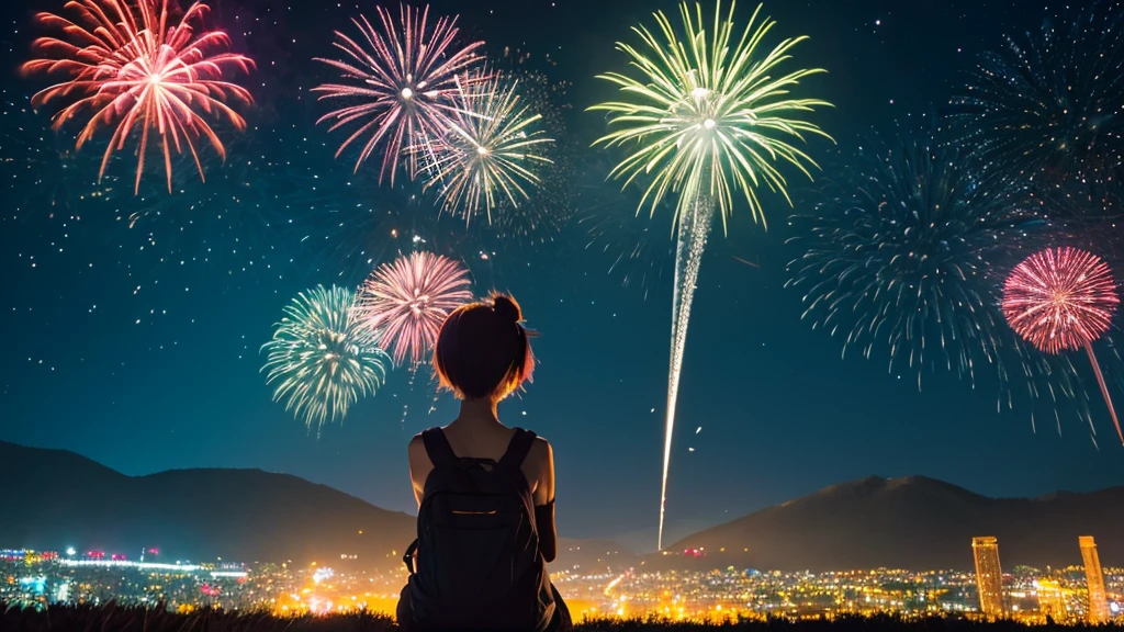 Mountain night firework anime picture