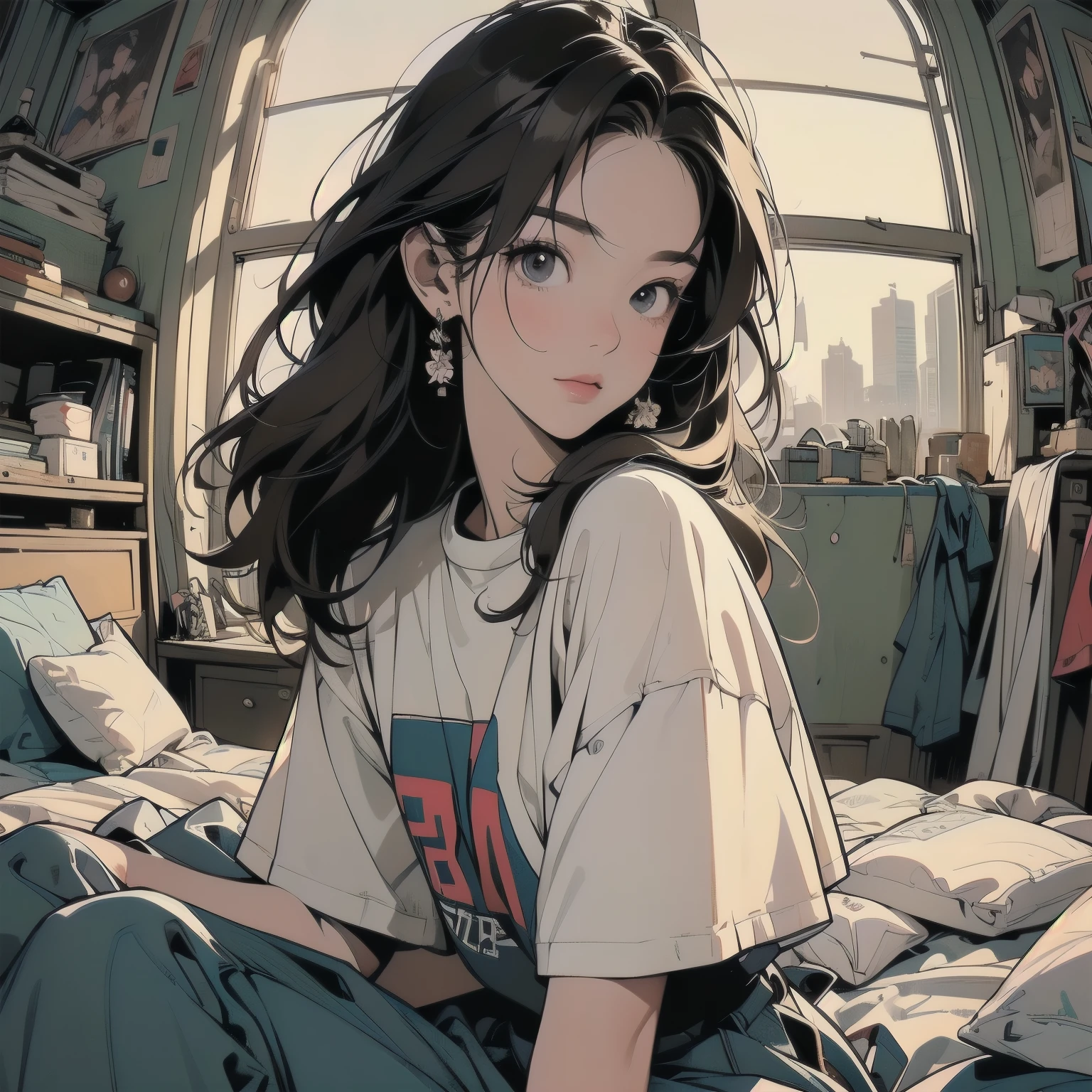sitting on the couch in the living room、One woman, (((Perfect very beautiful face)))、(((東京のrooftopパティオ))), Japanese Apartment, rooftop, Cyberpunk settings, Old house. Lo-fi portrait by the window, Cozy place, Post-apocalyptic perspective, Cyberpunk Apartment, (((White T-shirt))), Mr.々Angle、(((Very dull color)))、(((mysterious)))、Brown Hair、Ultra detailed background、Detailed Hair、Cowboy Shot、(((Messy room)))、Foliage plant、flower、(((Fisheye Lens)))