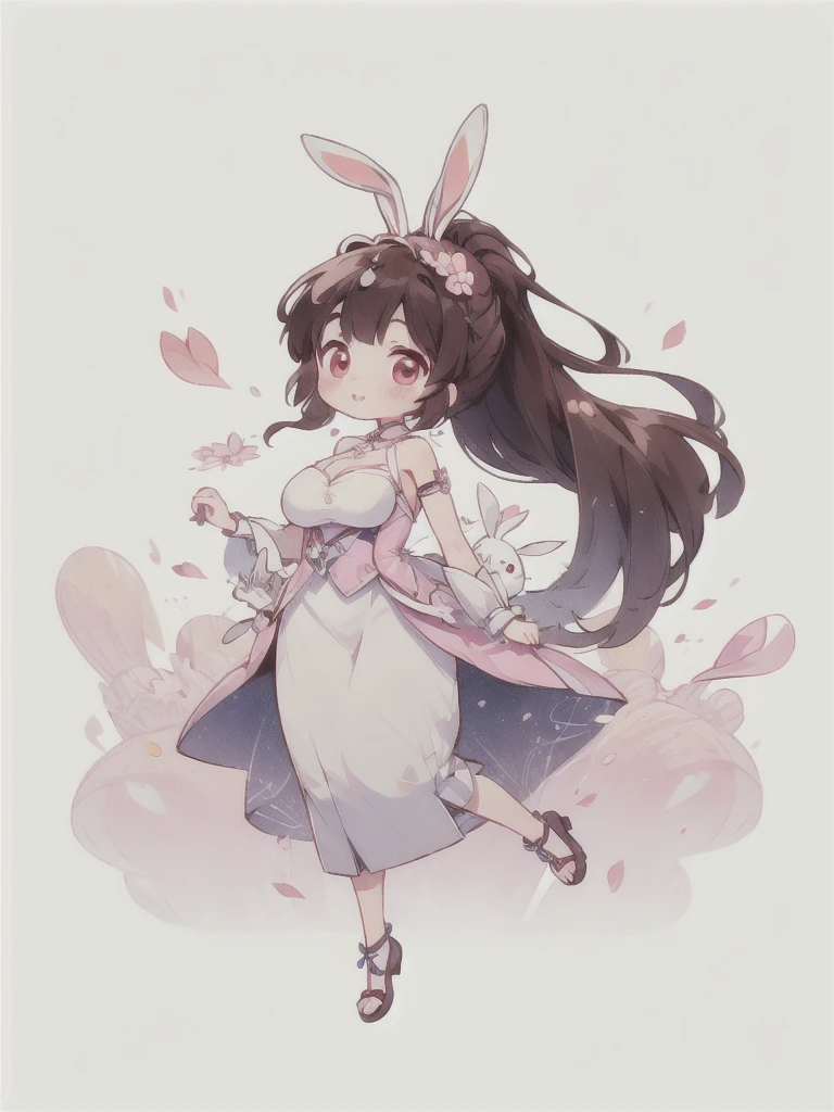 best quality, Cute light-skinned baby,chibi anime,chibi, Long brown hair，High Ponytail，((A pair of bunny ears hair accessories)),Shouhui,cute，Pink Eyes,（((full body))），Jumping，number,独奏，Falling pink petals，White long skirt，revel,Long skirt，Silver pattern，1girl,Bare legs,big breast,cleavage，Bright colors，Solid color background,Black edge line，White background，Solid color background，jewelry，Jewelry