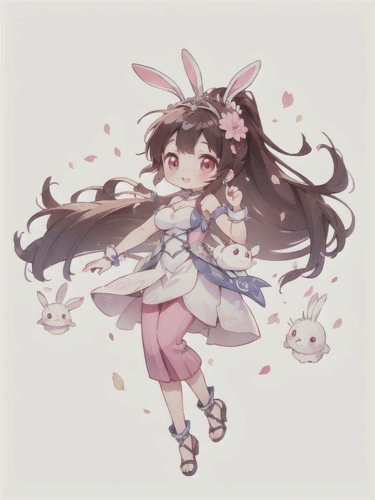 best quality, Cute light-skinned baby,chibi anime,chibi, Long brown hair,High Ponytail,((A pair of bunny ears hair accessories)),Shouhui,cute,Pink Eyes,(((full body))),Jumping,number,独奏,Falling pink petals,White long skirt,revel,Long skirt,Silver pattern,1girl,Bare legs,big breast,cleavage,Bright colors,Solid color background,Black edge line,White background,Solid color background,jewelry,Jewelry