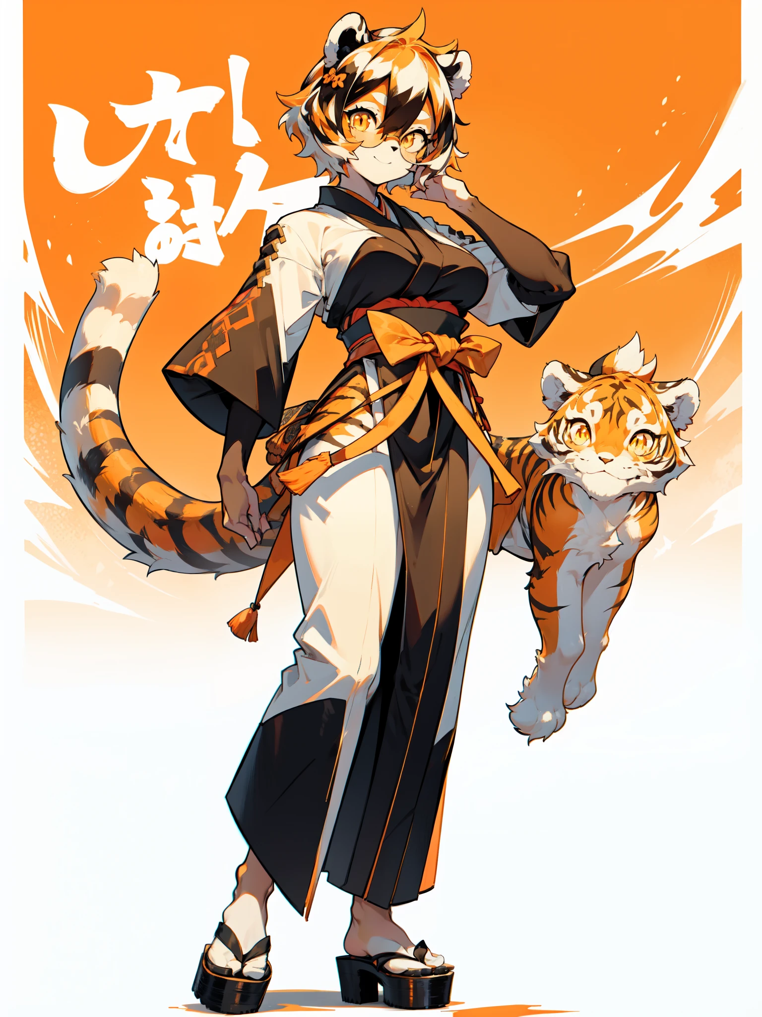 white background, full body,1girl,solo, Standing, animal ears, white hair, black hair, short hair, large breasts, Abdominal muscles,, tail, orange eyes, orange hair, multicolored hair, tiger girl, hair between eyes, tiger_ears, tiger_tail, orange-tinted_eyewear, tinted_eyewear, big breasts, evil smile, Shadows under feet, (((japan outfit:1.2))),