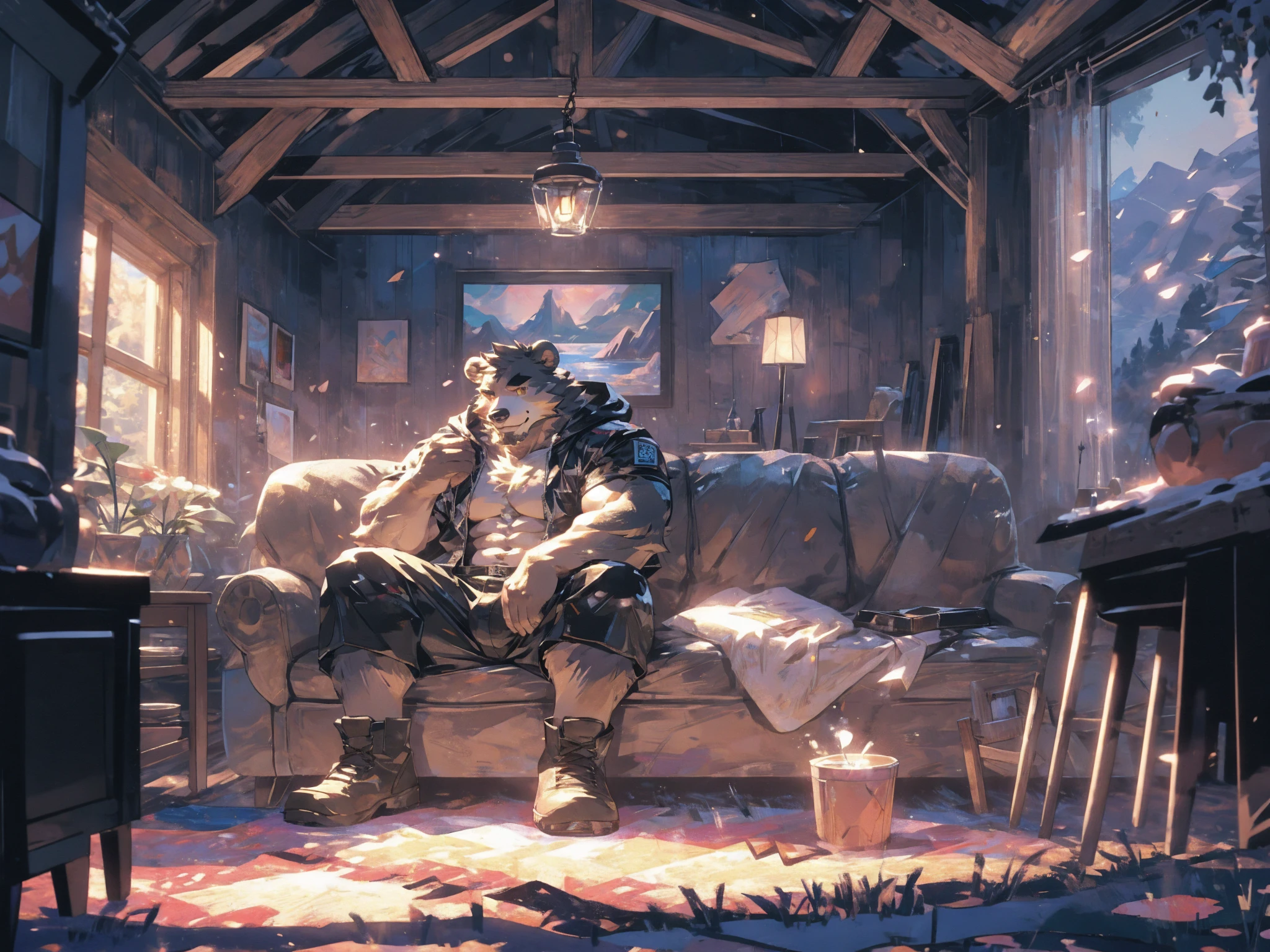(masterpiece:1.2), best quality,pixiv,official art,perfect anatomy, (Ray tracing, light),solo, (1_male:1.3) , (muscle), (grey fur:1.4), (muscle bear), (beard:1.2), (gleaming golden eyes), bear tail, full body, Thick black eyebrows,(open hooded parka), (naked inside), (cargo shorts:1.2), boots, indoor, cabin , carpet , sitting on sofa , (lake land:1.3)