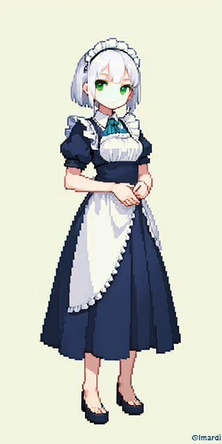 (masterpiece, top quality, best quality) pixel art, 1girl full body toe to head, white hair, green eyes, blue maid dress