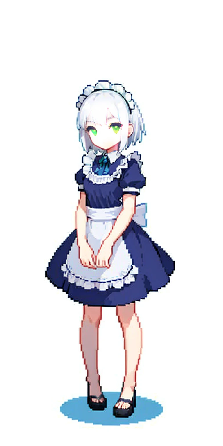 (masterpiece, top quality, best quality) pixel art, 1girl full body toe to head, white hair, green eyes, blue maid dress