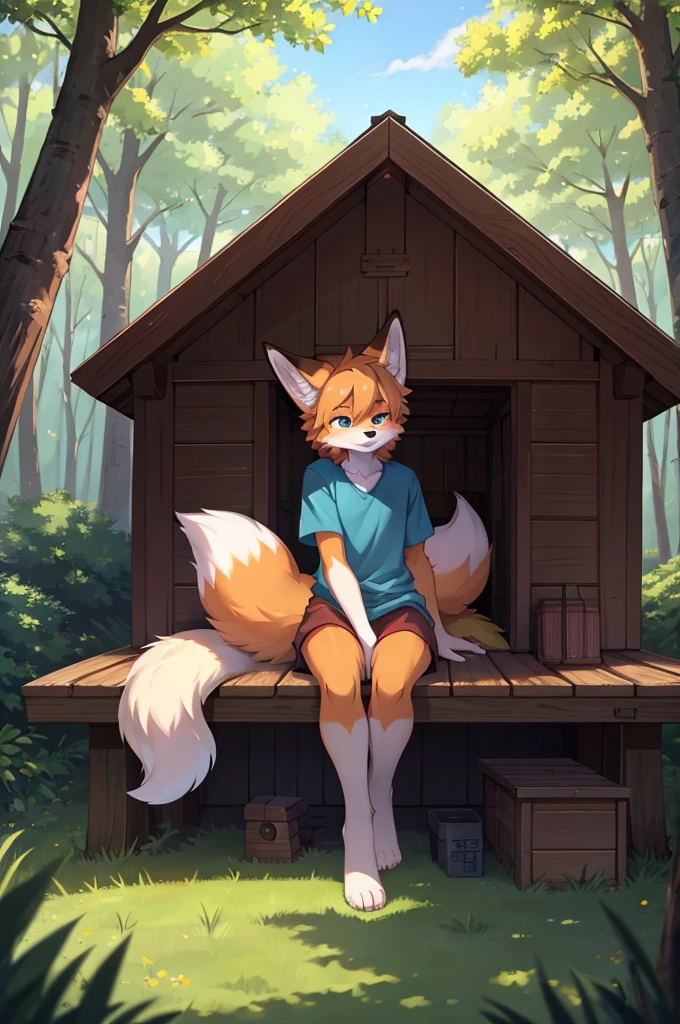 fox boy,Living in a doghouse,4Khigh resolution,high resolution,                                    One person,It's bright outside,sunny,Wearing a red collar, 